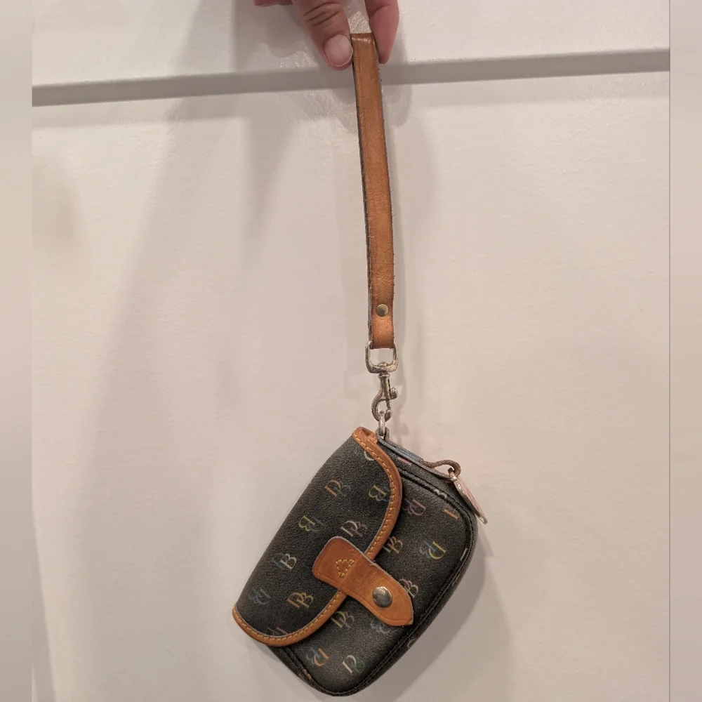 DOONEY & BOURKE Multicolor Monogram Wristlet Mini Bag with Brown Leather Strap